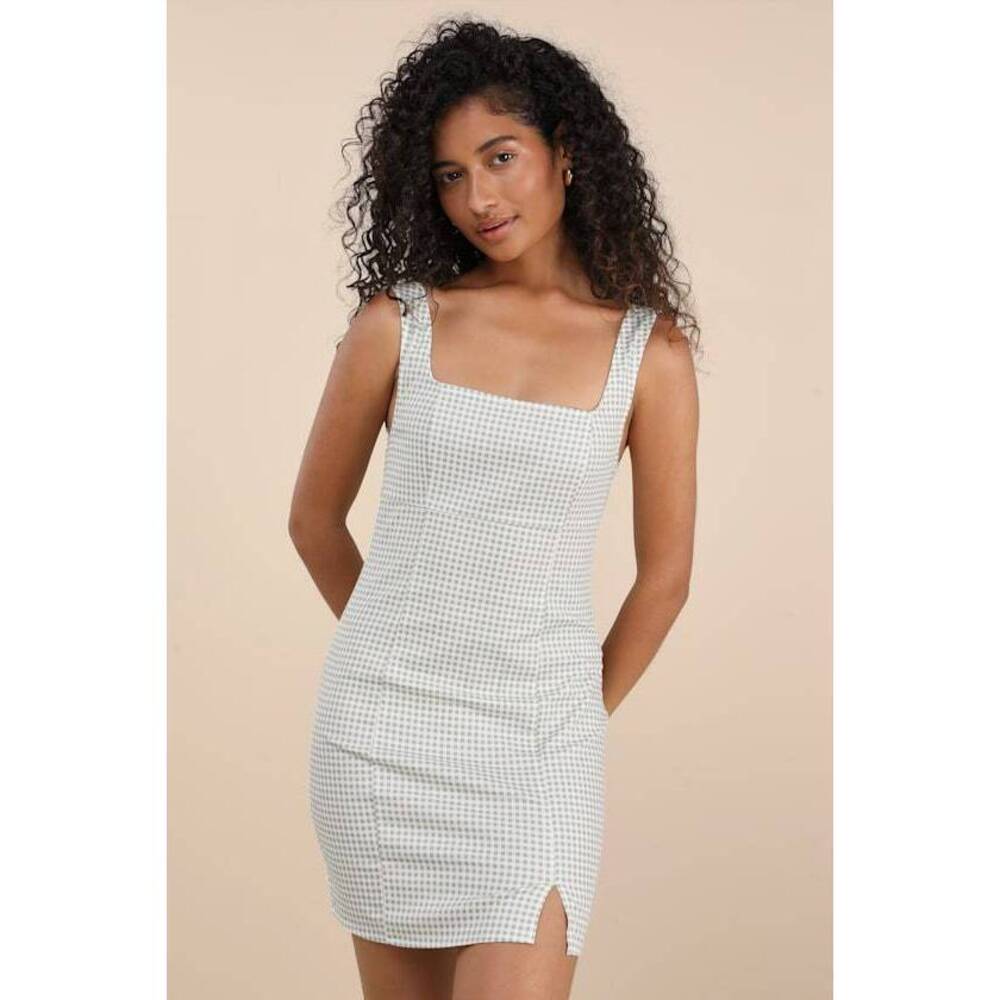 Lulus Happy Chance Sage Green Gingham Square Neck Mini Dress - Size S